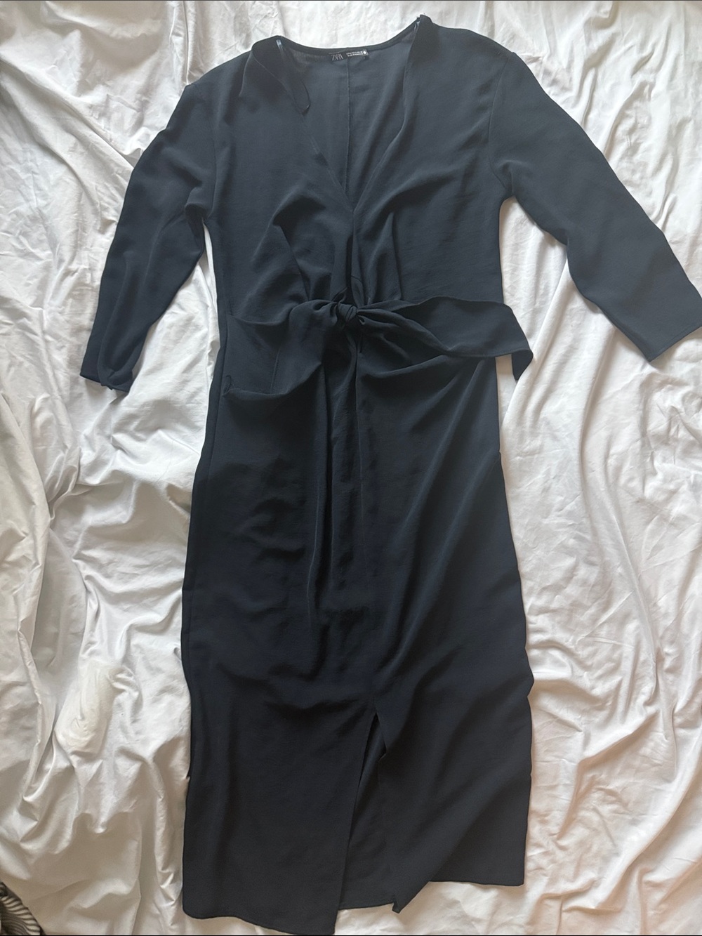 Zara Black Long-Sleeve Tie-Front Midi Dress